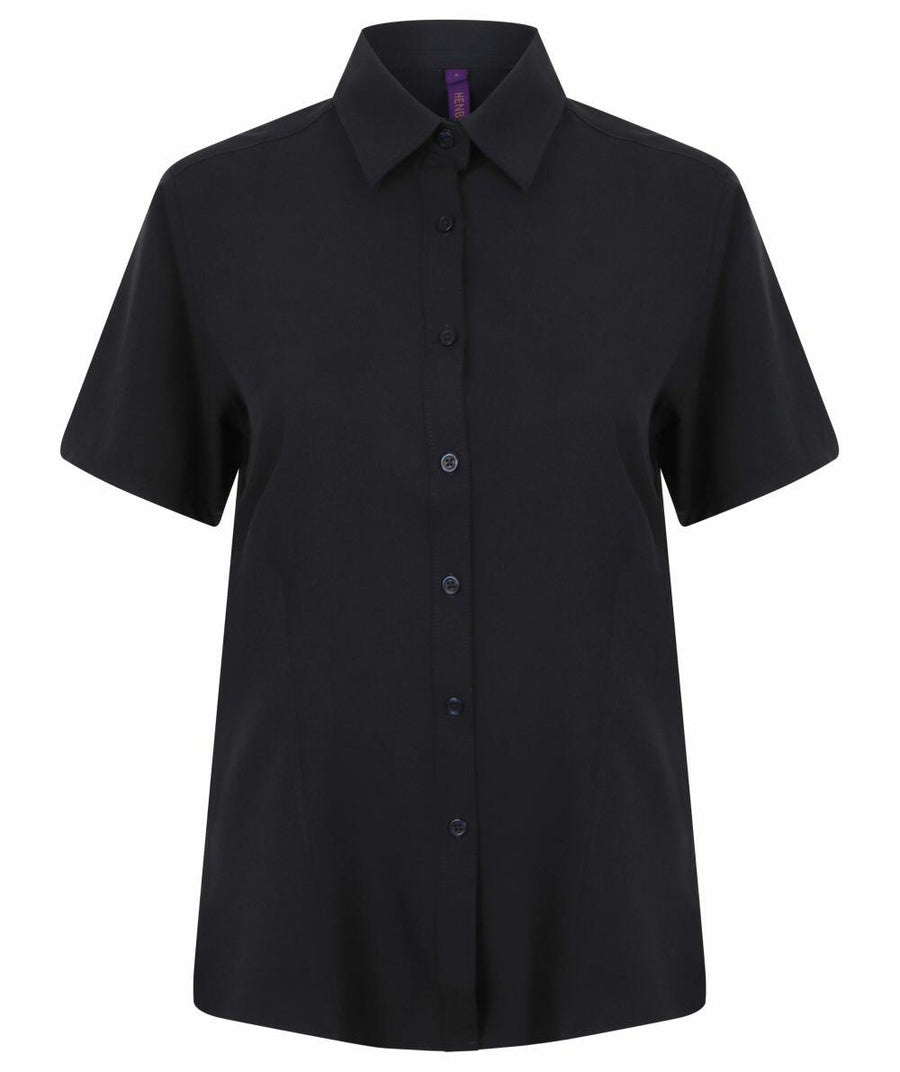 Product Name: HB596 by Henbury - A black button-up shirt featuring short sleeves and a collar, displayed against a plain white background.