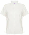 The Henbury HB596, a white button-up shirt featuring short sleeves and a classic collar, is displayed against a plain background.