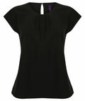 A Henbury HB597 blouse in black, featuring short sleeves, a round neckline, and pleated detailing.