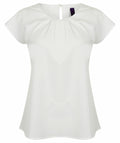 Henbury's HB597 is a white short-sleeved blouse featuring a pleated neckline and a keyhole button closure at the back.