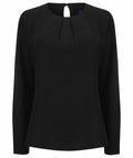 Henbury's HB598 is a black long-sleeve blouse featuring a round neckline and back button closure.