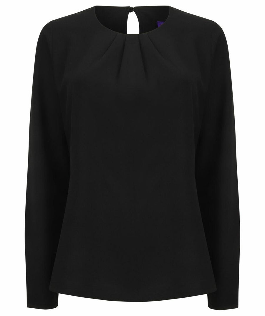 Henbury's HB598 is a black long-sleeve blouse featuring a round neckline and back button closure.