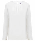 Henbury's HB598 is a long-sleeved blouse in white, featuring a round neckline and subtle pleats at the front.