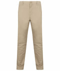 The Henbury HB650 beige khaki pants feature a button and zipper closure, along with front and back pockets, all showcased against a white background.