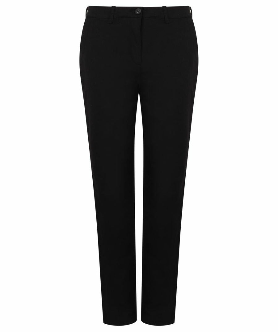 The Henbury HB651 features black trousers with a straight-leg design and a button closure at the waistband.