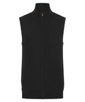 A black sleeveless zip-up gilet and body warmer with a high ribbed collar, hem, and armholes, shown front-facing against a white background.