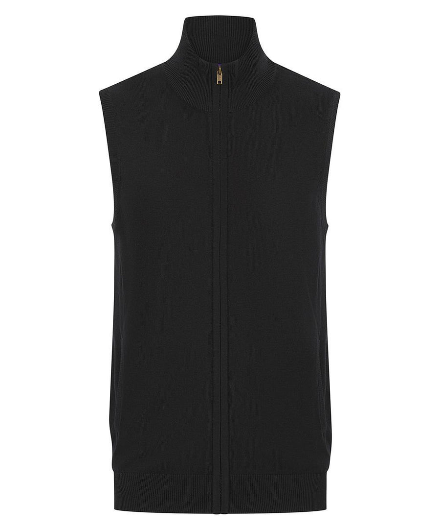 A black sleeveless zip-up gilet and body warmer with a high ribbed collar, hem, and armholes, shown front-facing against a white background.