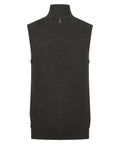 A dark grey sleeveless Gilets & Body Warmers zip-up waistcoat with a high collar, made of knitted fabric and displayed against a white background.