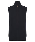 The Gilets & Body Warmers is a sleeveless black waistcoat featuring a high collar, ribbed hem, and central zip, shown against a plain white background.