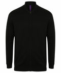 Henbury's HB718 black zip-up cardigan features a ribbed collar, cuffs, and hem, elegantly showcased against a plain white backdrop.