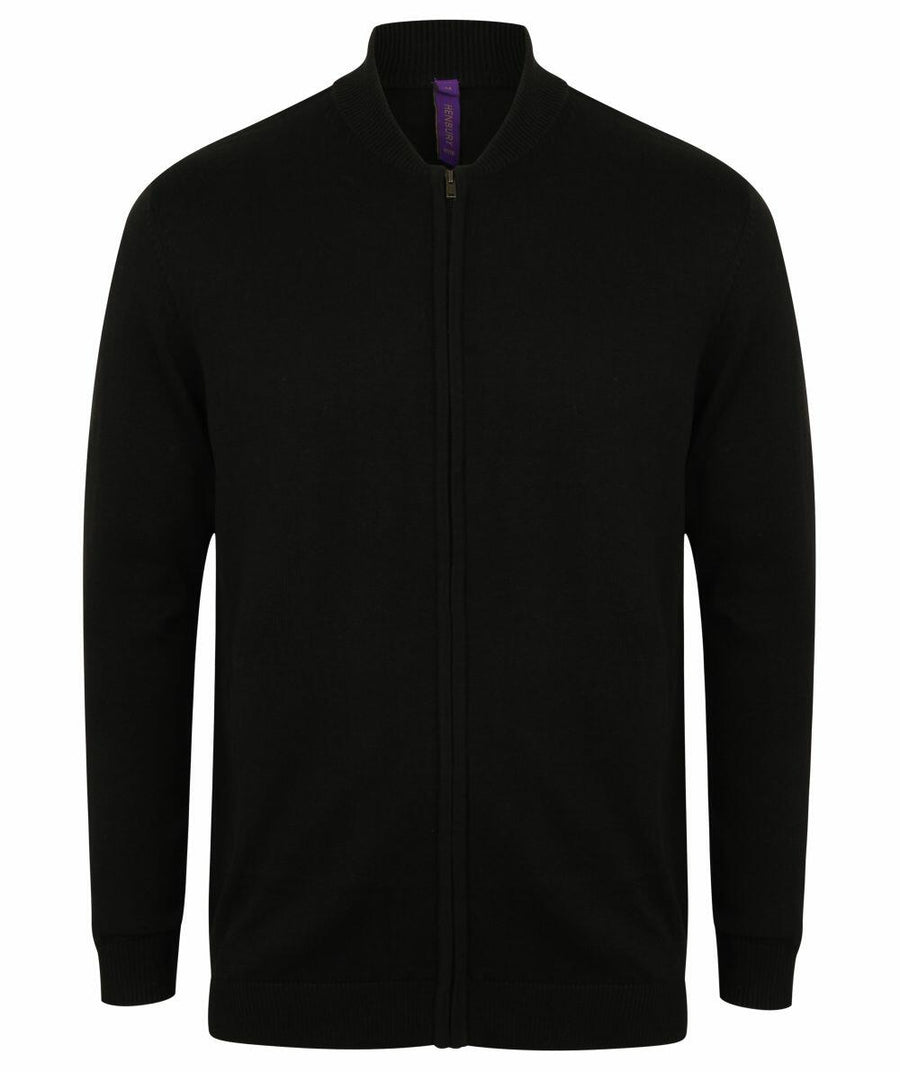Henbury's HB718 black zip-up cardigan features a ribbed collar, cuffs, and hem, elegantly showcased against a plain white backdrop.