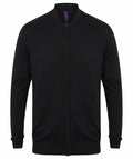 Henbury's HB718 is a black zip-up cardigan featuring a ribbed collar, cuffs, and hem.