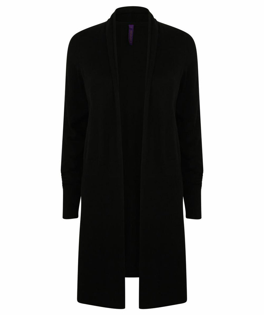 The HB719 by Henbury, a black open-front cardigan featuring long sleeves, is displayed against a plain white background.