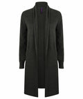 The HB719 by Henbury is a long, dark green open-front cardigan featuring long sleeves and ribbed cuffs.