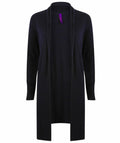 A long, open-front cardigan by Henbury, with black fabric, long sleeves, and a visible purple tag at the neckline. The product is identified as HB719.