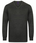 Henbury's HB720, a dark green V-neck sweater with long sleeves, is showcased against a plain white background.