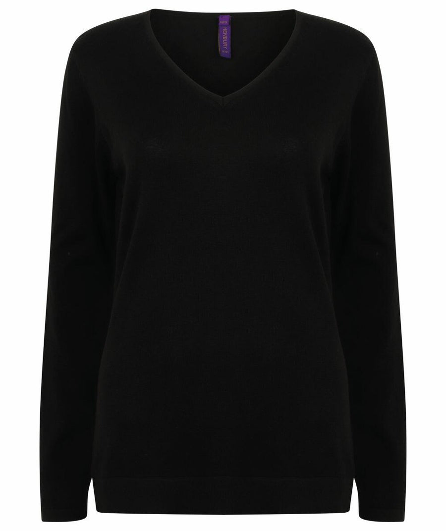 A plain black Henbury HB721 V-neck sweater with long sleeves against a white background.