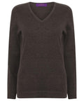 Henbury HB721 V-neck sweater in dark brown, featuring long sleeves and a purple label inside the neckline.