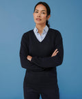 A person with dark hair stands against a blue background, wearing a light blue collared shirt and a dark HB721 V-neck sweater from Henbury, arms crossed.
