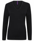 HB721 by Henbury, a black V-neck long-sleeve sweater, shown against a white background.
