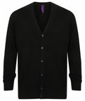 Henbury's HB722 is a black cardigan featuring long sleeves and a V-neck.