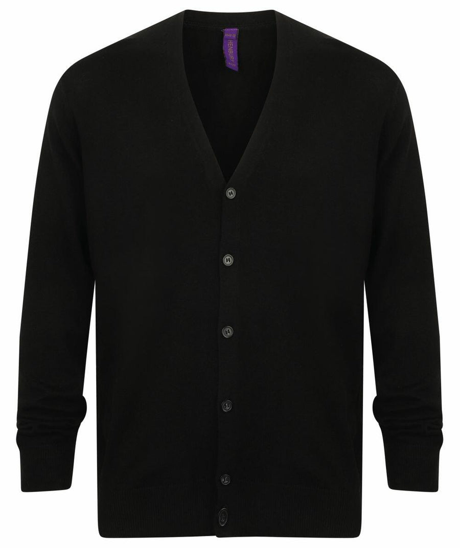 Henbury's HB722 is a black cardigan featuring long sleeves and a V-neck.