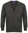 Henbury's HB722 is a dark gray cardigan featuring a V-neck, ribbed cuffs, and button-up design.