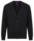 Henbury HB722 black V-neck cardigan featuring long sleeves and a button closure down the front.