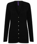 Henbury's HB723 is a black cardigan featuring a V-neck, button-up front, and two front pockets.