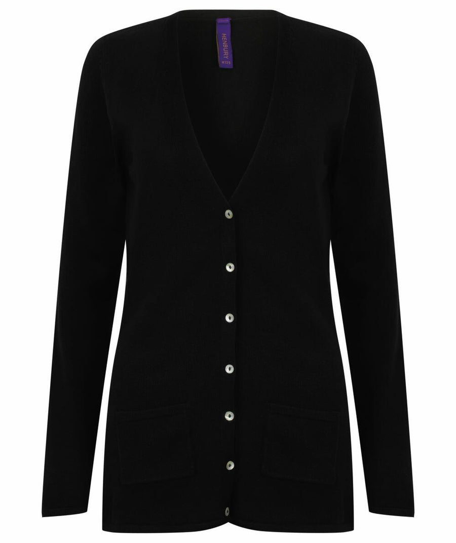 Henbury's HB723 is a black cardigan featuring a V-neck, button-up front, and two front pockets.