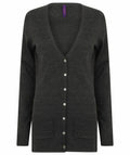 Henbury's HB723 cardigan in dark green features a V-neck, front button closure, and two pockets.
