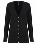 A Henbury HB723, a black V-neck cardigan featuring white buttons and two front pockets.