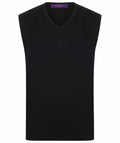 Black sleeveless V-neck sweater, product name HB724 from Henbury, featuring a dark purple label at the neck.