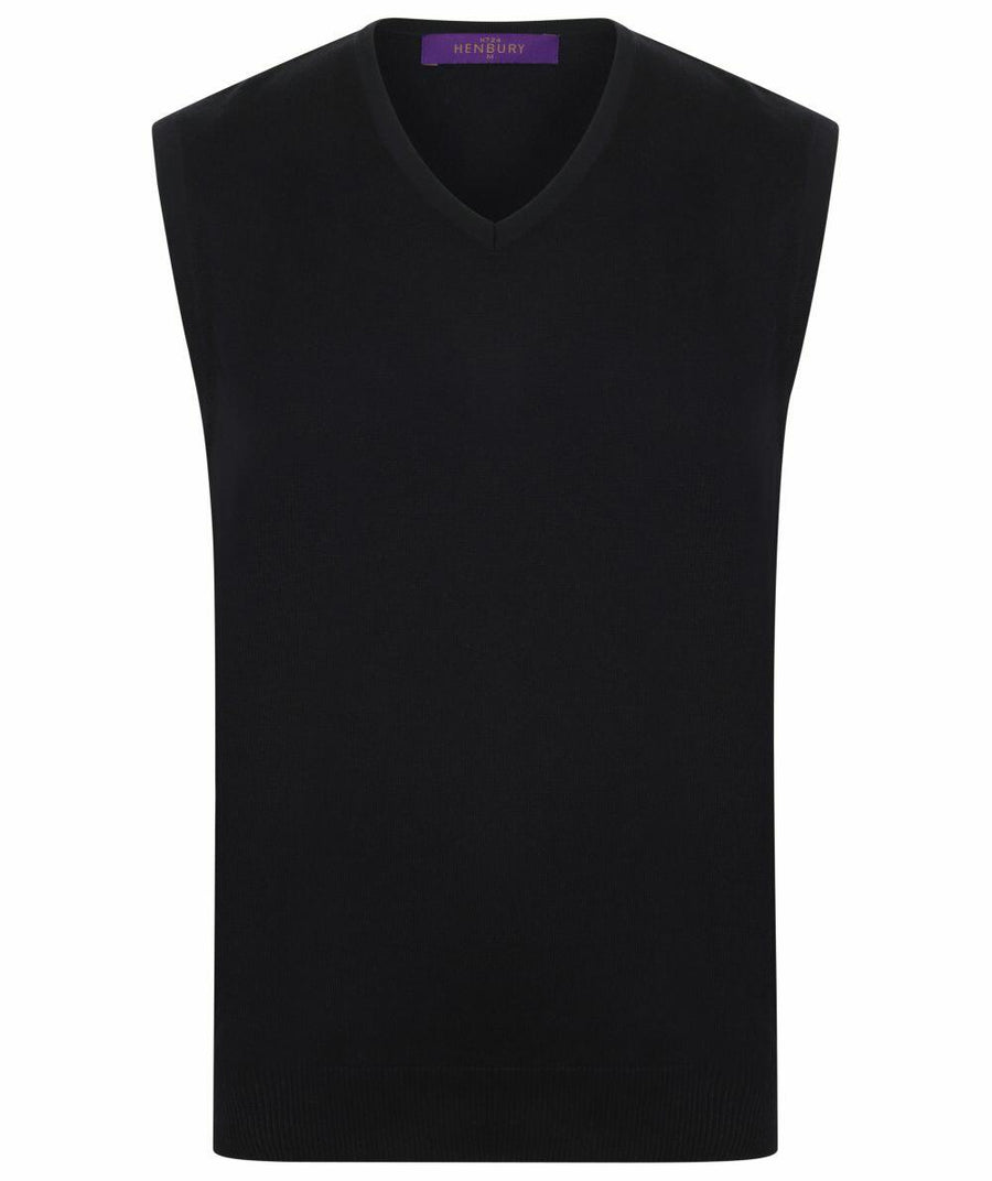 Black sleeveless V-neck sweater, product name HB724 from Henbury, featuring a dark purple label at the neck.