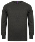 Henbury's HB725, a dark green crew neck sweater featuring long sleeves.