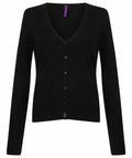 The Henbury HB726 is a black long-sleeve V-neck cardigan featuring buttons down the front.