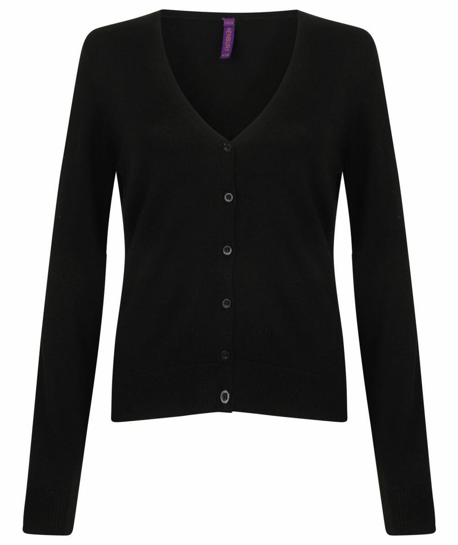 The Henbury HB726 is a black long-sleeve V-neck cardigan featuring buttons down the front.