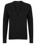 Henbury's HB726 is a black cardigan featuring long sleeves and button closure down the front.