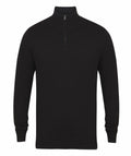 The Henbury HB729 is a black quarter-zip sweater featuring long sleeves and ribbed cuffs, displayed against a plain white background.