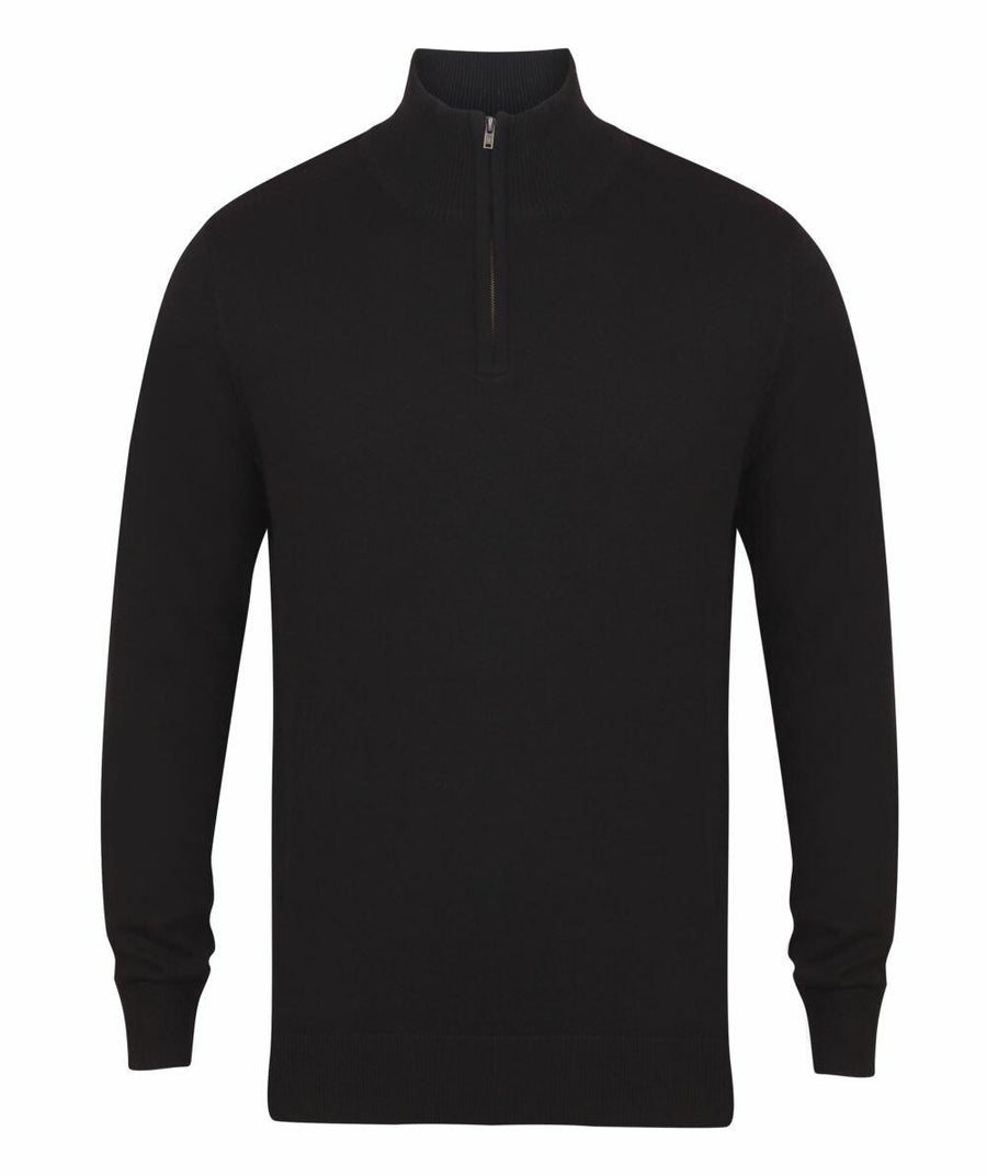 The Henbury HB729 is a black quarter-zip sweater featuring long sleeves and ribbed cuffs, displayed against a plain white background.