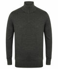 Henbury HB729: Dark green, long-sleeve sweater featuring a high collar and a half-zipper front.
