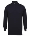 The HB729 by Henbury is a navy blue long-sleeve sweater featuring a half-zipper collar, showcased against a white background.
