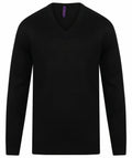 The Henbury HB760, a long-sleeve plain black V-neck sweater, is displayed against a white background.