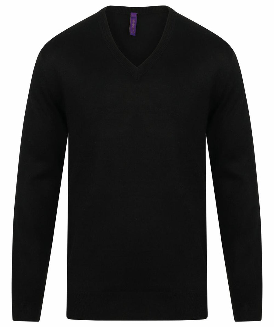 The Henbury HB760, a long-sleeve plain black V-neck sweater, is displayed against a white background.