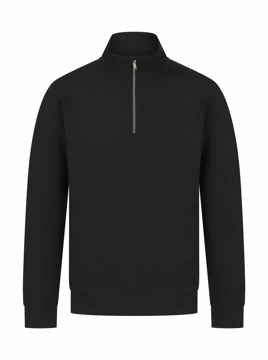 The Henbury HB842, a black quarter-zip sweatshirt featuring a high collar, is displayed against a white background.