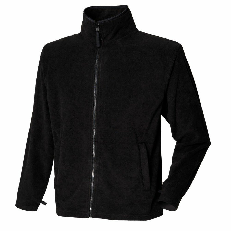 The HB850 by Henbury is a black fleece jacket featuring a high collar, a full-length zipper, and two side pockets. It is displayed against a plain white background.
