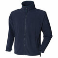 Introducing the Henbury HB850: a navy blue fleece jacket featuring a full front zipper and high collar. It boasts long sleeves and two side pockets, offering a soft and cozy feel designed for warmth and comfort.
