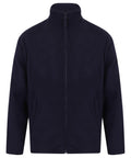 The Henbury HB850 fleece jacket, featuring a black zip-up design and high collar, is showcased against a white background. It includes two side pockets and boasts a straightforward, minimalist style.