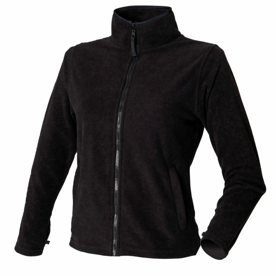 Henbury's HB851 is a black zip-up fleece jacket featuring a high collar and long sleeves, displayed against a plain white backdrop.