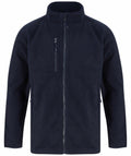 The Henbury HB860 is a navy blue fleece jacket featuring a full zip front and a high collar. It is designed with a zippered chest pocket and two side pockets.